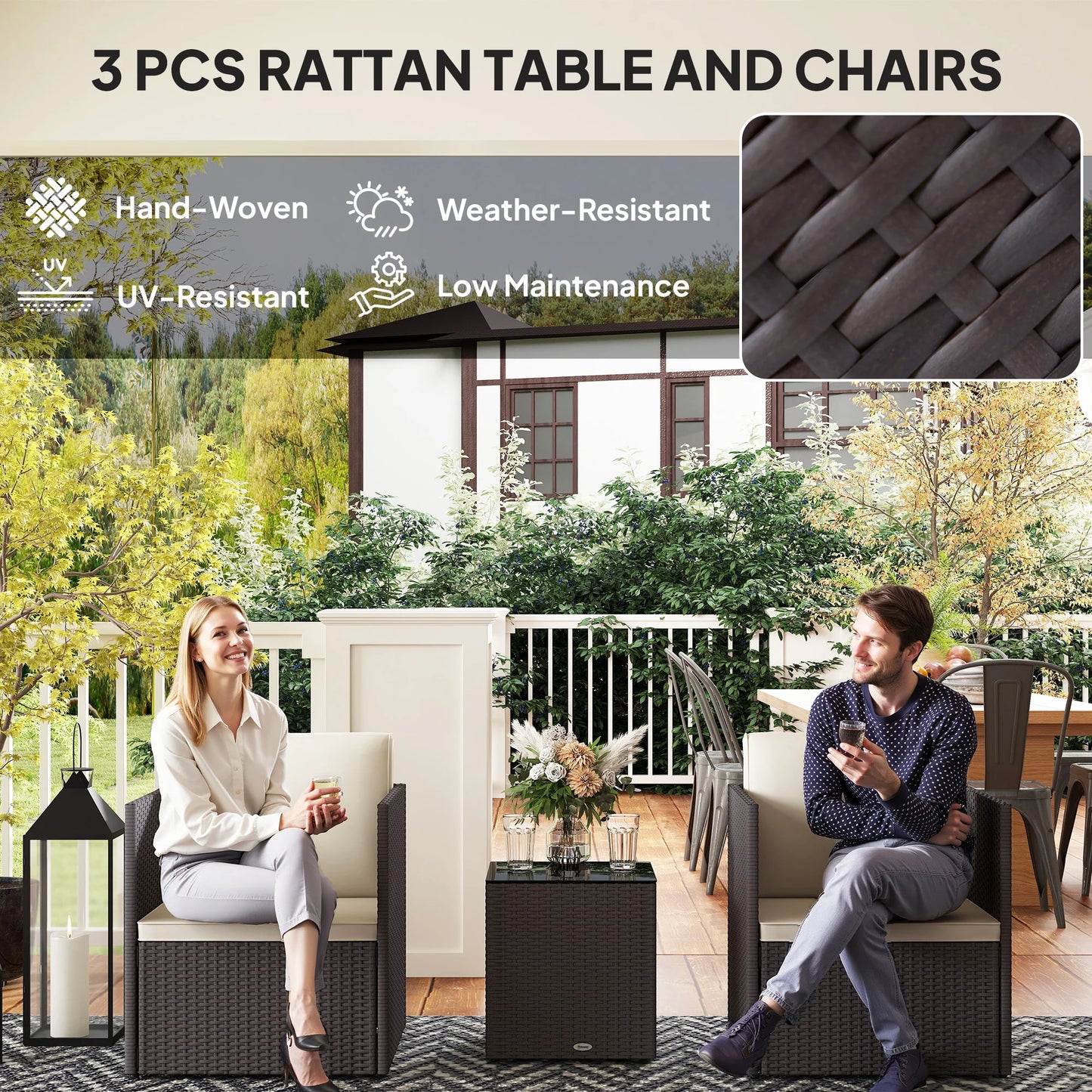 3 Piece Patio Furniture Set, Folding Wicker Bistro Set, Brown