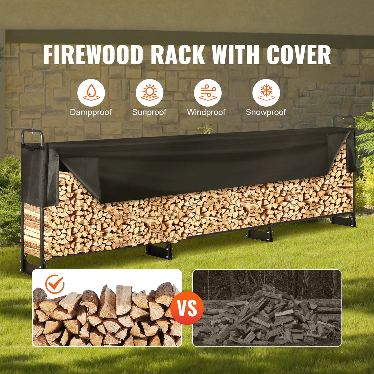 SucceBuy Outdoor Firewood Rack With Heavy Duty Cover