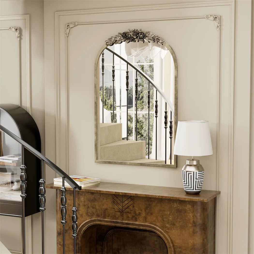 LUVODI Arched Wall Mirror With Resin Rose Pattern Accent