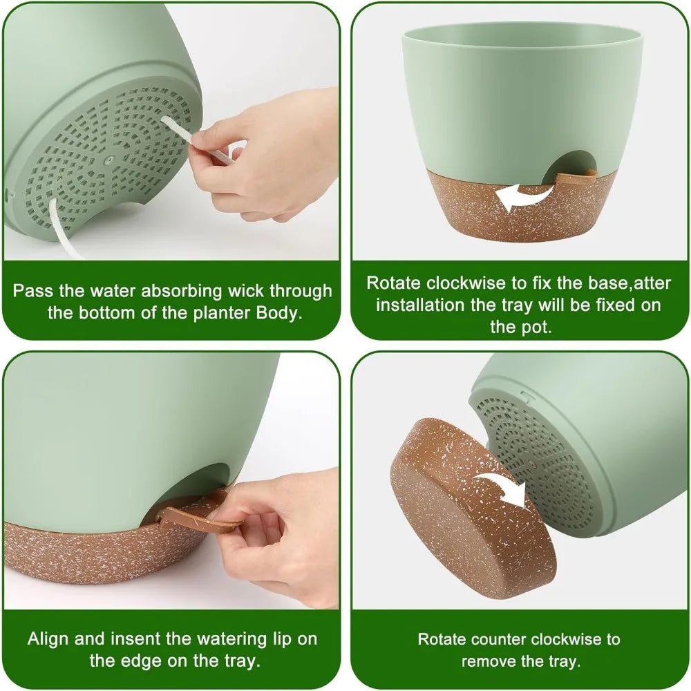 Self Watering Plant Pots Set of 5 with Drainage Saucers Indoor Outdoor Plastic Nursery Planters Green Sizes 7 to 10 Inch