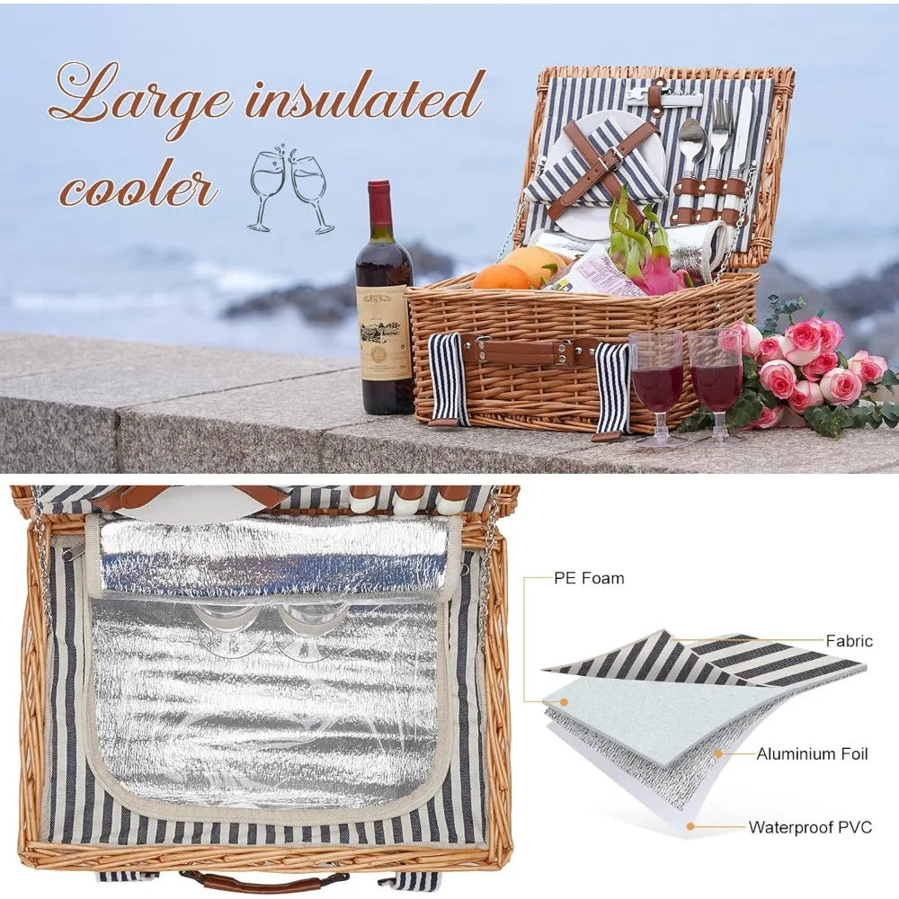 NBVCX Handmade Wicker Picnic Basket for Two with Insulated Cooler