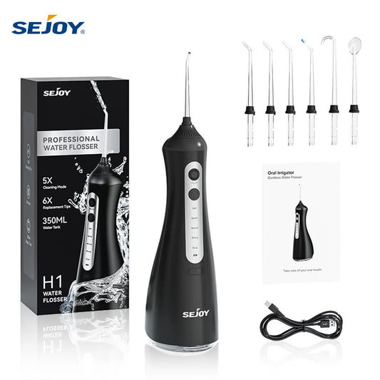 Sejoy Electric Oral Irrigator Water Dental Flosser Pick for Teeth Cordless 350ML Water Tank,6 Cleaning Modes, IPX7 for Home
