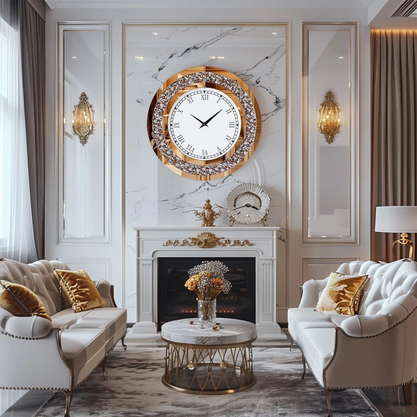 Round Mirror Wall Clock With Crystal Embellishments