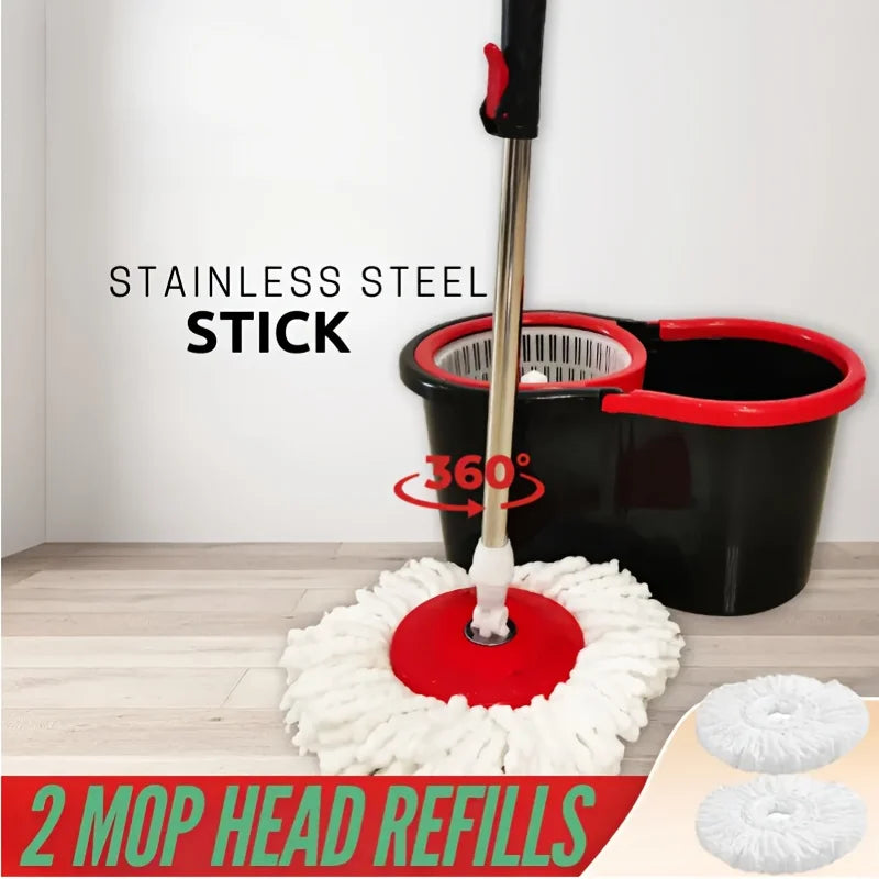 360° Spin Mop Bucket with Soap Dispenser and 2 Microfiber Heads, Stainless Steel Handle Floor Cleaning System for Home Use