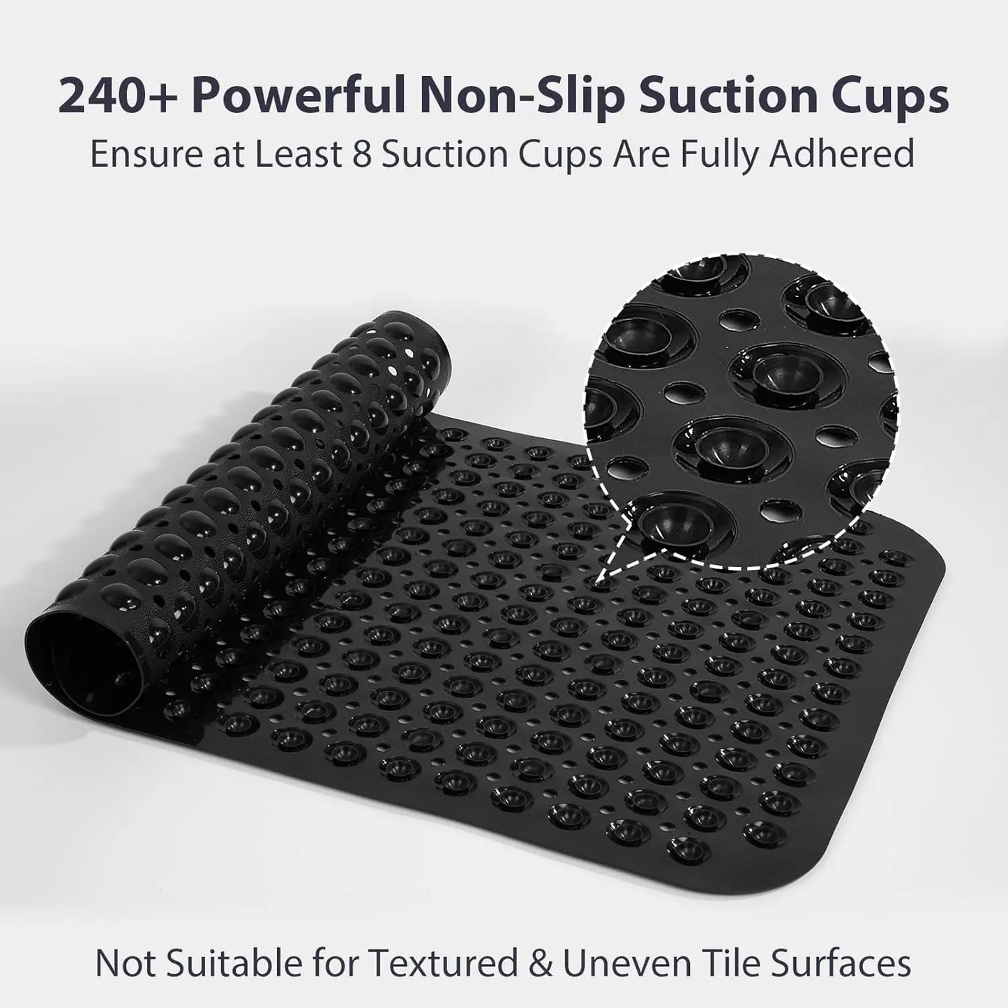 Extra Long Non Slip Bathtub Shower Mat 40 x 16 Inch with Powerful Suction Cups & Drain Holes, Machine Washable Quick Dry Anti-Slip Bath Tub Mat for Inside Shower, Household Bathroom Essential, Available in Gray & Black
