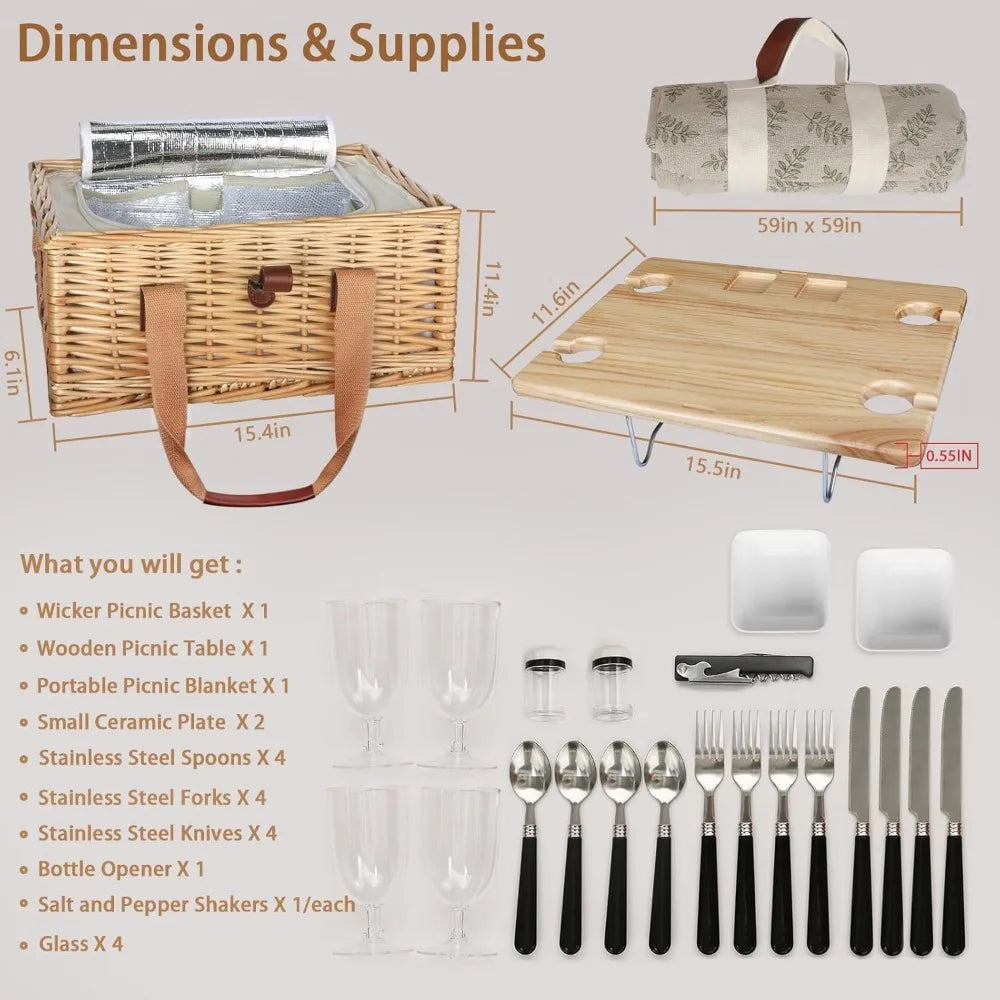 NBVCX Wicker Picnic Basket For Four With Insulated Cooler