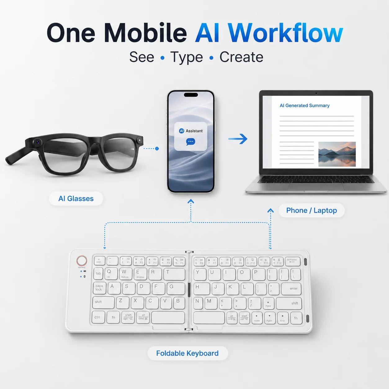 Smart Glasses with Foldable Keyboard 200W Pixel Colorful Double Fold Keyboard Photography Translation Lightweight Glasses Sold as a Set