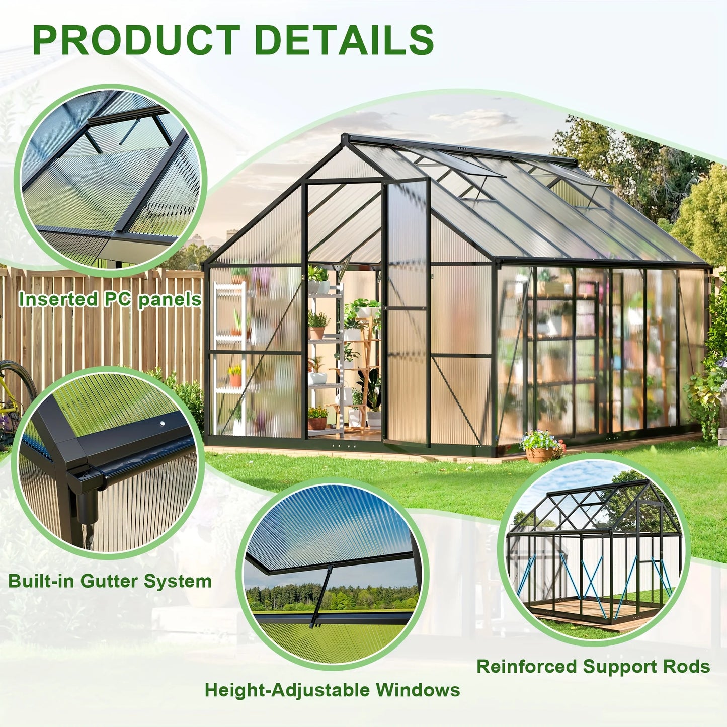 VIWAT Polycarbonate Greenhouse With Aluminum Frame UV Protected