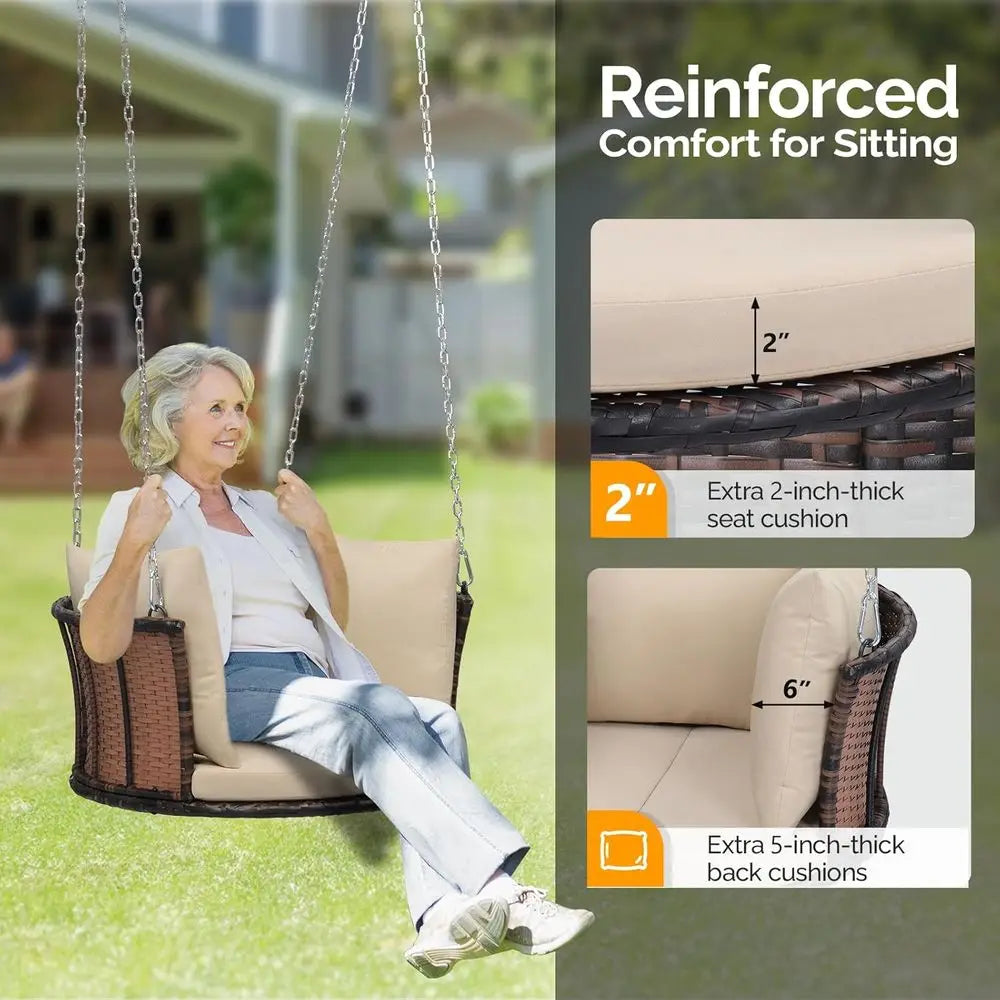 2.4 T 1-Person Use Round Rattan Porch Swing Outdoor Support 440 LBS with Cushions & Adjustable Chains, Patio Wicker Swing Bench