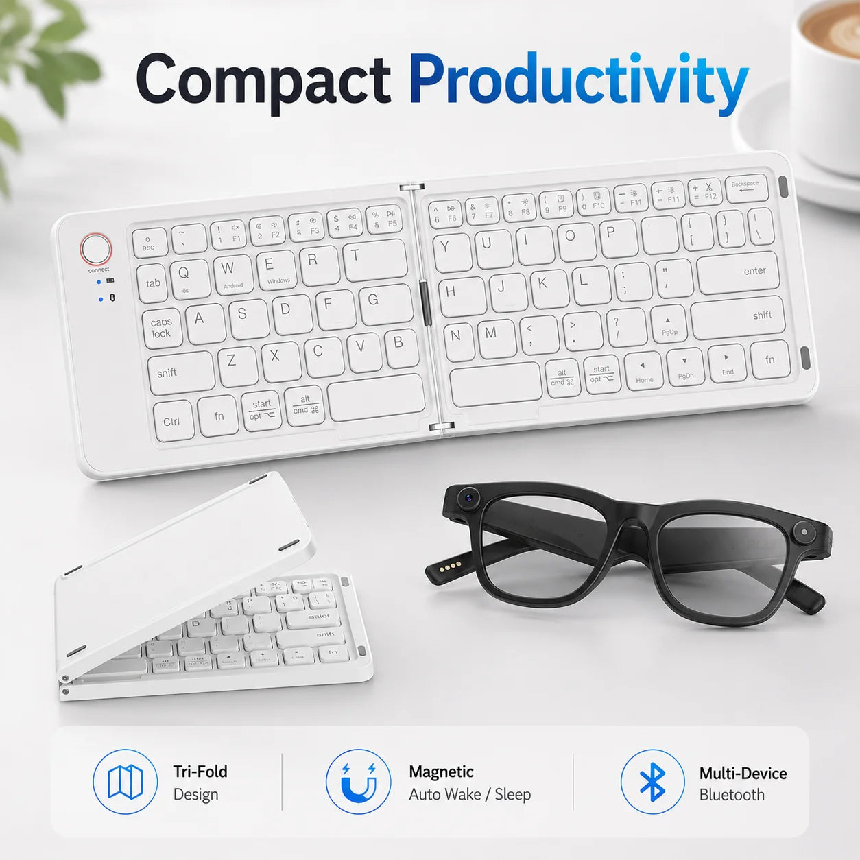 Smart Glasses with Foldable Keyboard 200W Pixel Colorful Double Fold Keyboard Photography Translation Lightweight Glasses Sold as a Set