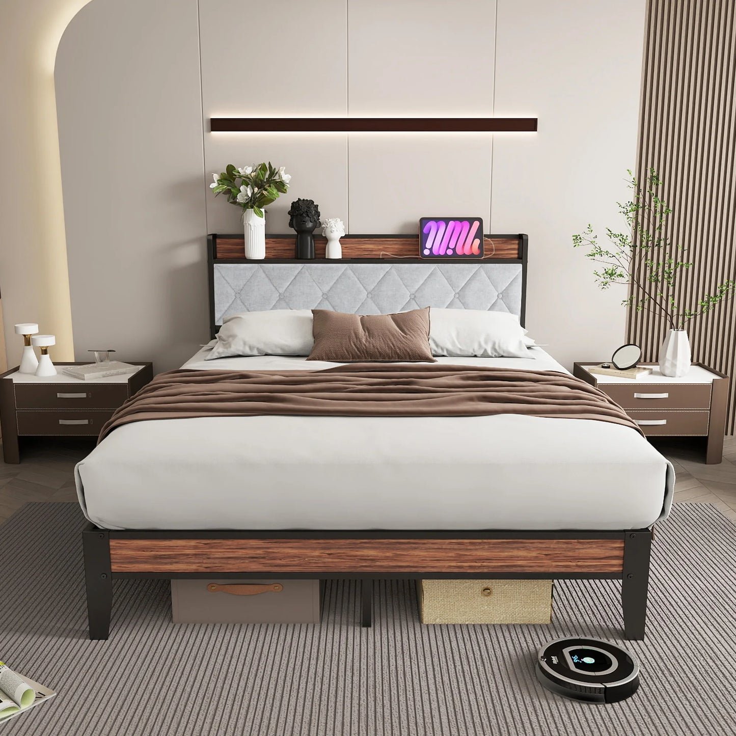 JHK King Size Soft Pack Heavy Duty Metal Bed Frame with Headboard Charging Station 1100lbs Capacity Easy Assembly For Bedroom