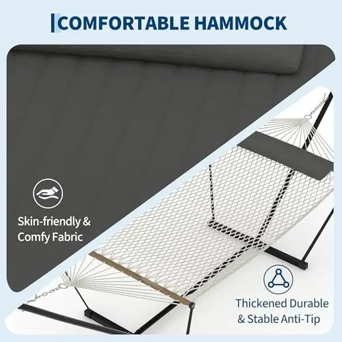 Double Outdoor Hammock For Two With Cushion And Foldable Steel Stand – Portable Heavy Duty For Garden, Patio, Beach, Backyard
