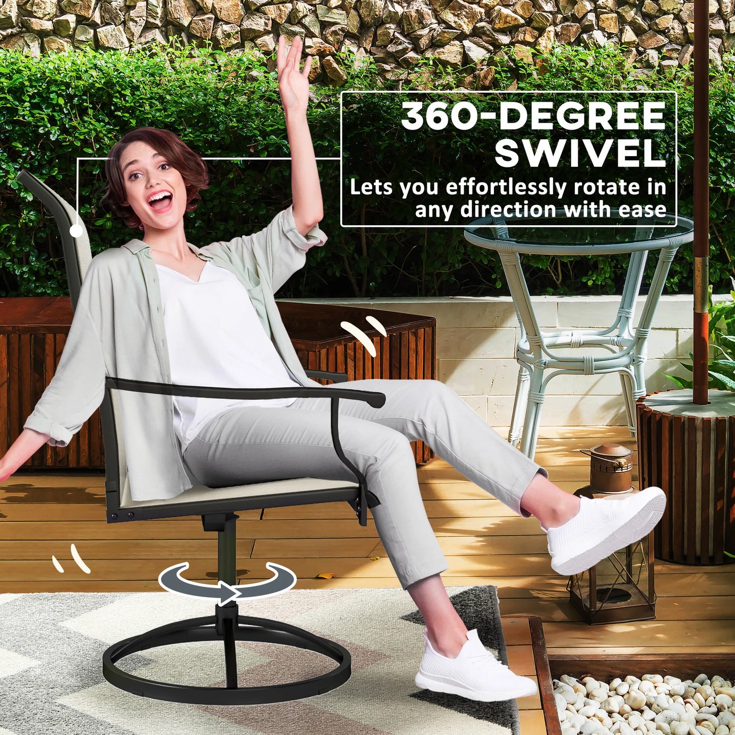 Patio Swivel Chairs Set of 2, High Back Patio Dining Chairs, Beige