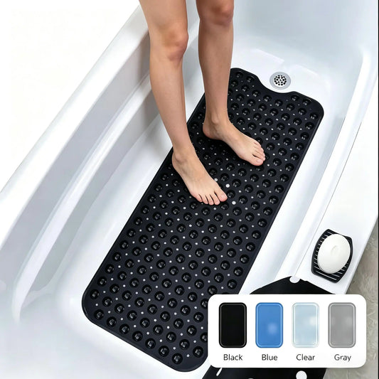 Extra Long Non Slip Bathtub Shower Mat 40 x 16 Inch with Powerful Suction Cups & Drain Holes, Machine Washable Quick Dry Anti-Slip Bath Tub Mat for Inside Shower, Household Bathroom Essential, Available in Gray & Black