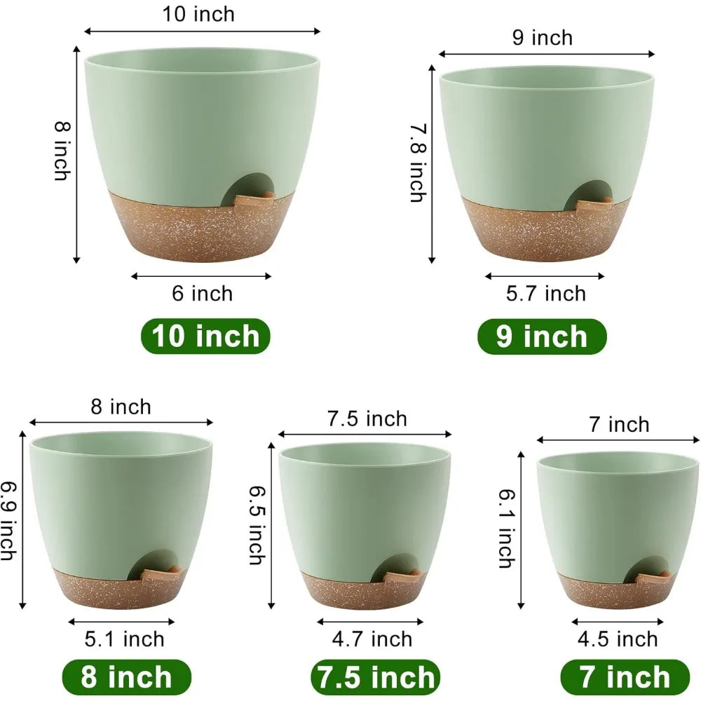 Self Watering Plant Pots Set of 5 with Drainage Saucers Indoor Outdoor Plastic Nursery Planters Green Sizes 7 to 10 Inch