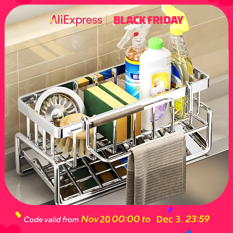 Over-Sink Kitchen Organizer With Faucet Mount Sponge Holder Drying Rack