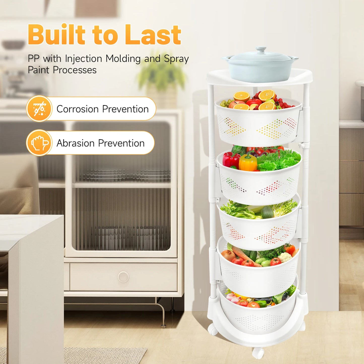 5-Tier Rotating Storage Rack Bearing 110.23lbs PP Shelf Perforated Basket Organizer with Caster for Kitchen Bathroom Living Room