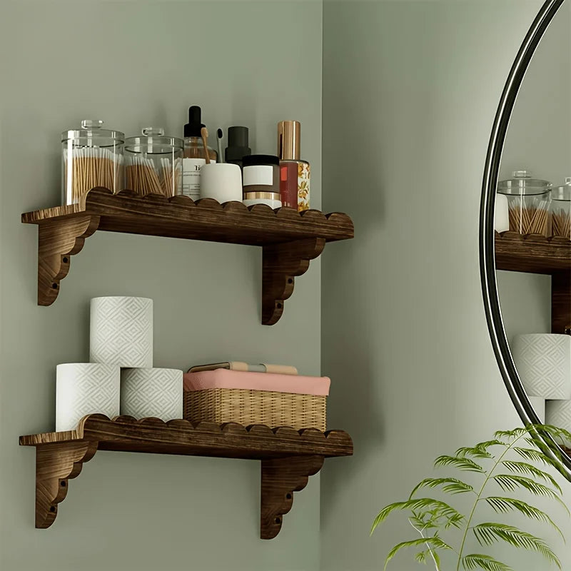 Rustic Scalloped Wooden Floating Wall Shelves Set of 2, Farmhouse Wave Edge Wall Mount Storage Shelf, Decorative Bathroom Organizer Rack for Bedroom, Kitchen, Entryway, Dark Burnt Wood Finish