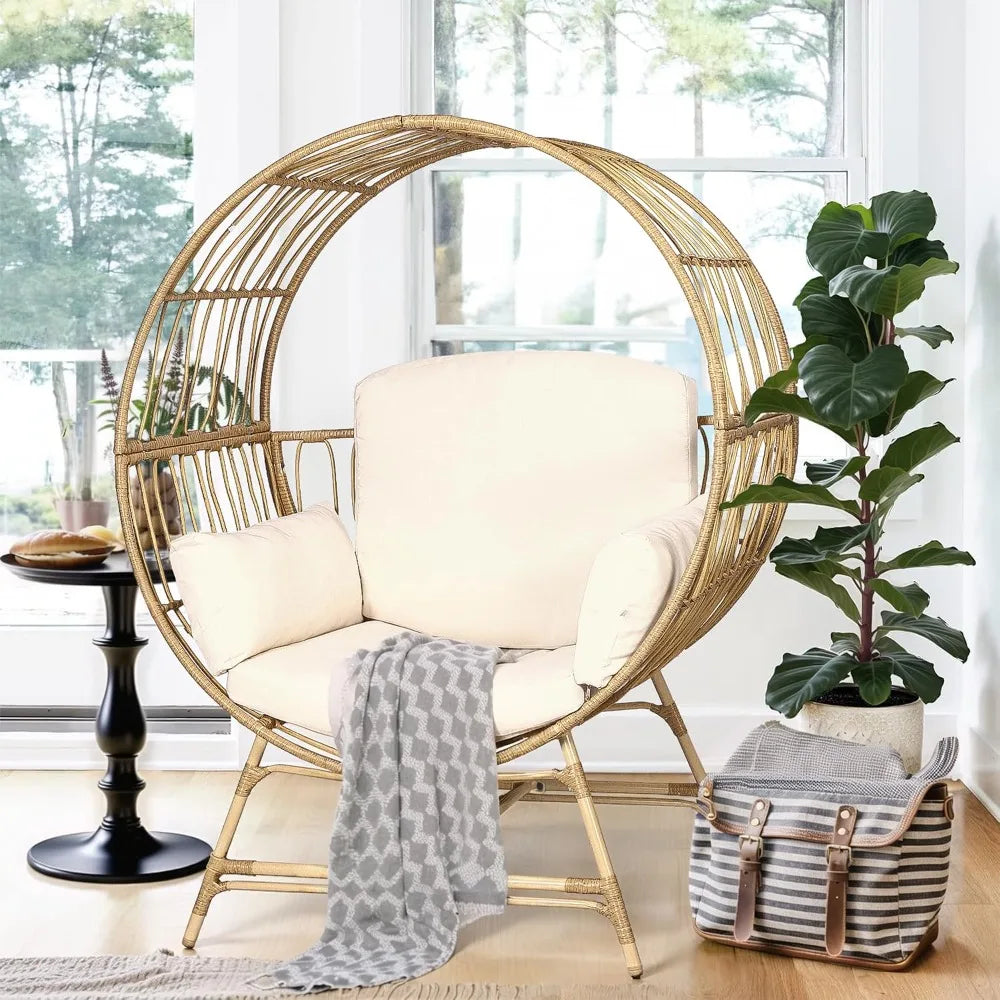 Oversized Egg Chair Rattan Wicker Patio Lounge with Thick Cushion 350LBS Capacity for Indoor Outdoor Living Room Balcony