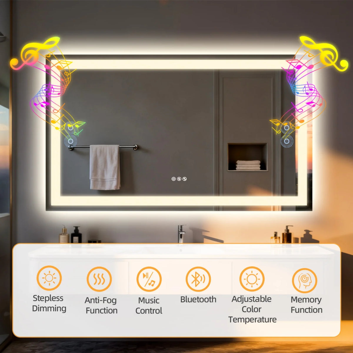 50/60/100/120cm LED Bathroom Mirror Built-in Bluetooth Speaker Anti-Fog Dimmable Backlit Lighted Vanity Makeup Waterproof