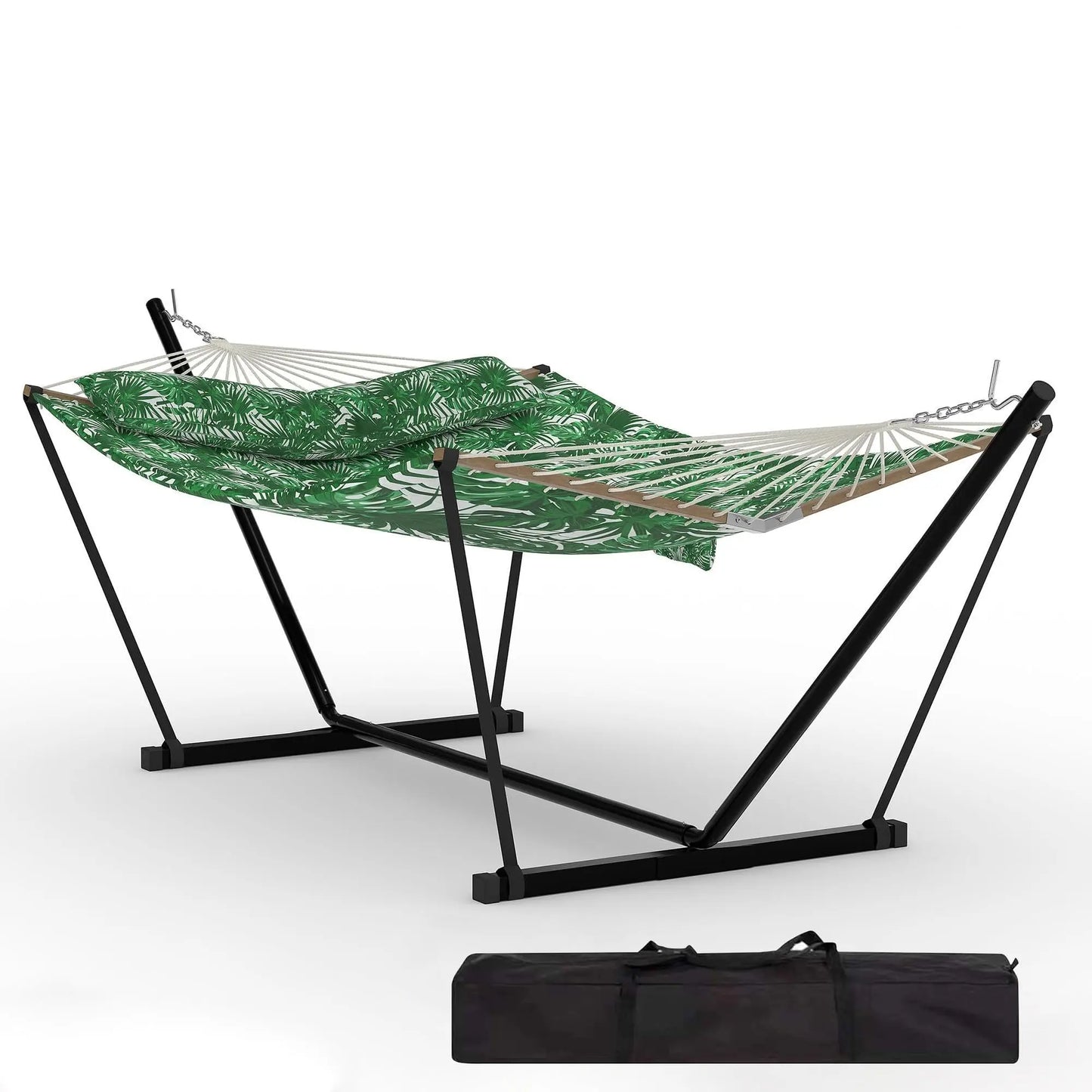 Double Outdoor Hammock For Two With Cushion And Foldable Steel Stand – Portable Heavy Duty For Garden, Patio, Beach, Backyard