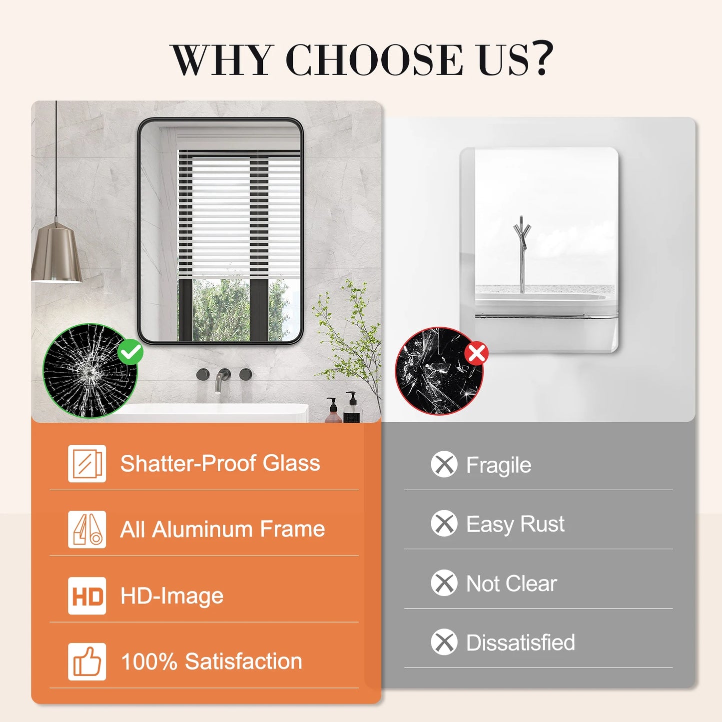 JHK Matte Metal Framed Bathroom Mirror For Wall Or Vanity