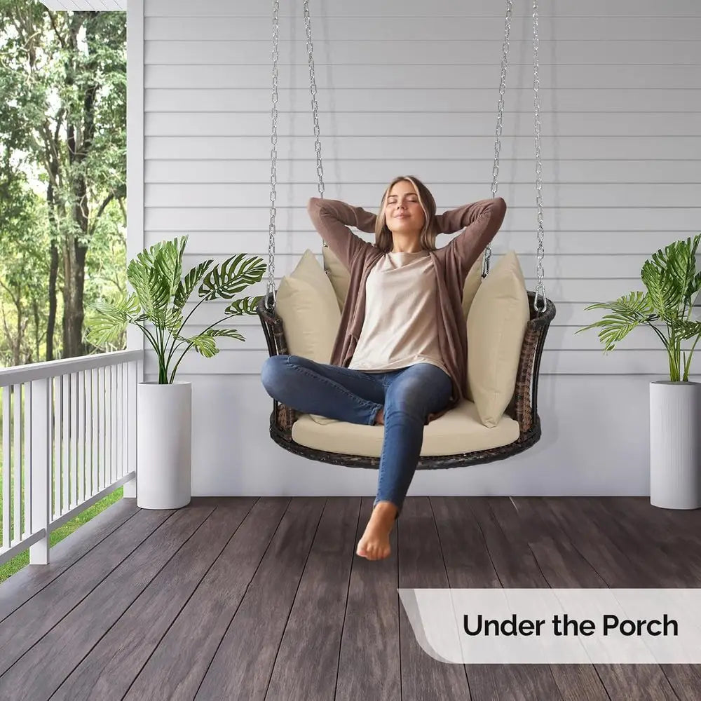 2.4 T 1-Person Use Round Rattan Porch Swing Outdoor Support 440 LBS with Cushions & Adjustable Chains, Patio Wicker Swing Bench
