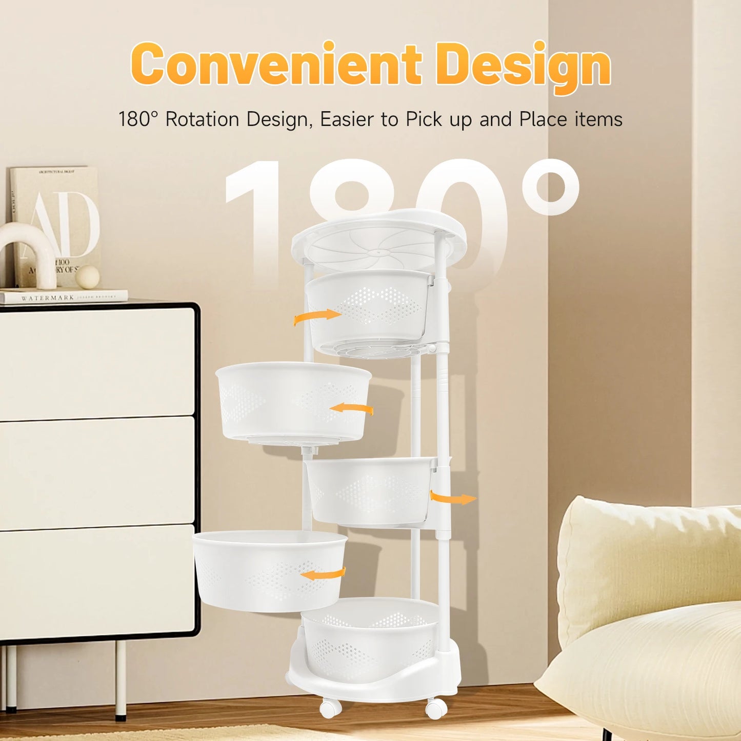 5-Tier Rotating Storage Rack Bearing 110.23lbs PP Shelf Perforated Basket Organizer with Caster for Kitchen Bathroom Living Room