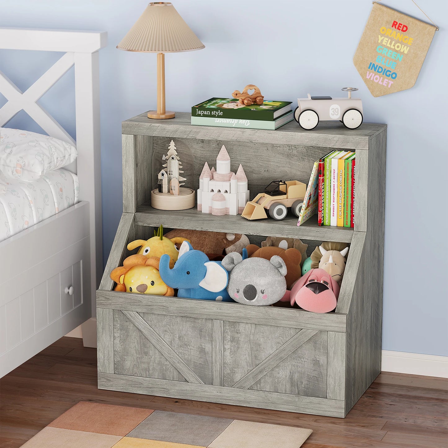 Kids Bookshelf Wooden Toy Storage Organizer with Cubby Toddler Bookcases for Playroom Children's Room Bedroom Nursery School