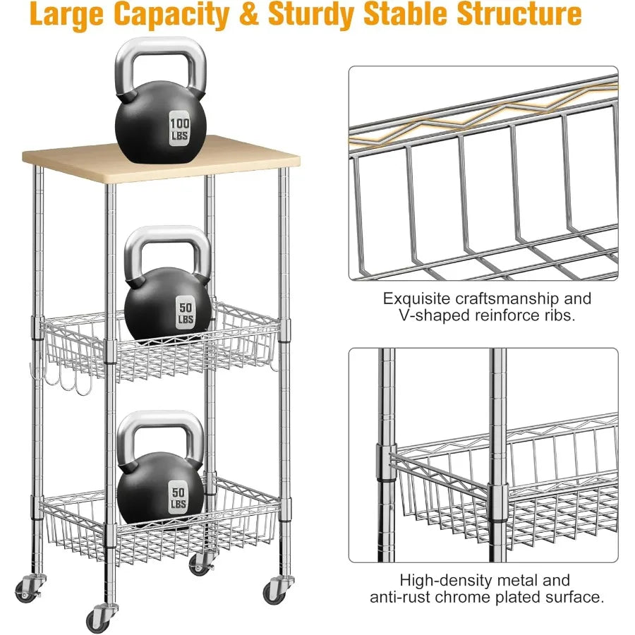 XIUWO 3-Tier Rolling Kitchen Cart With Caster Wheels And Adjustable Baskets