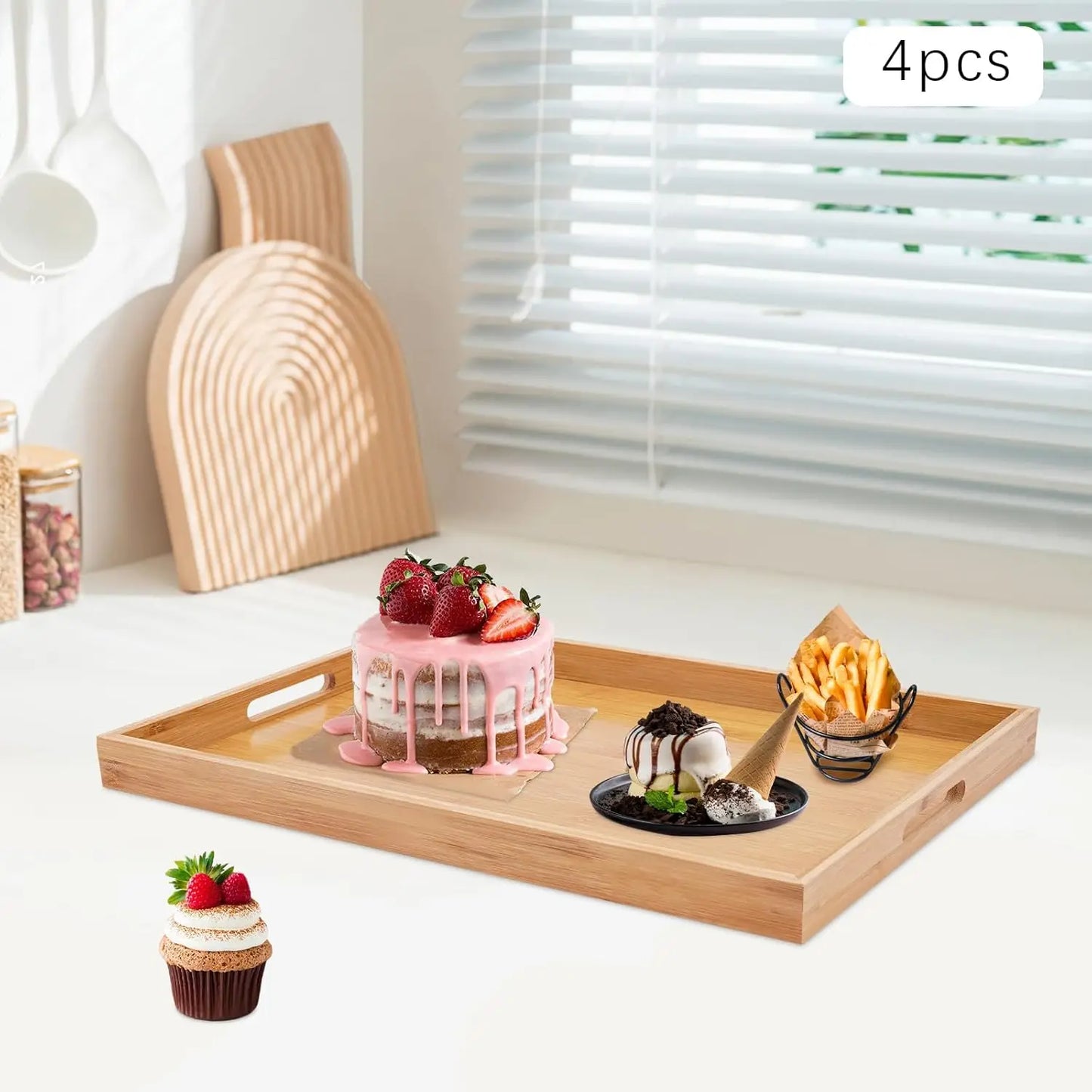 4 Pcs Large Bamboo Serving Tray Rectangular Wooden Breakfast Tray Dinner Tray Decorative for Lap & Couch 18 X 13 X 1.4in