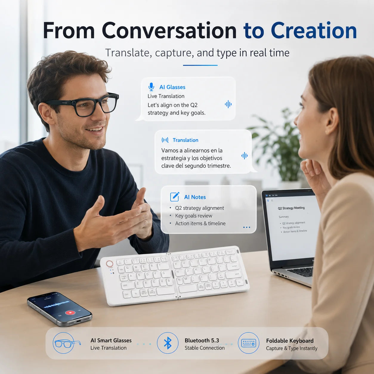 Smart Glasses with Foldable Keyboard 200W Pixel Colorful Double Fold Keyboard Photography Translation Lightweight Glasses Sold as a Set