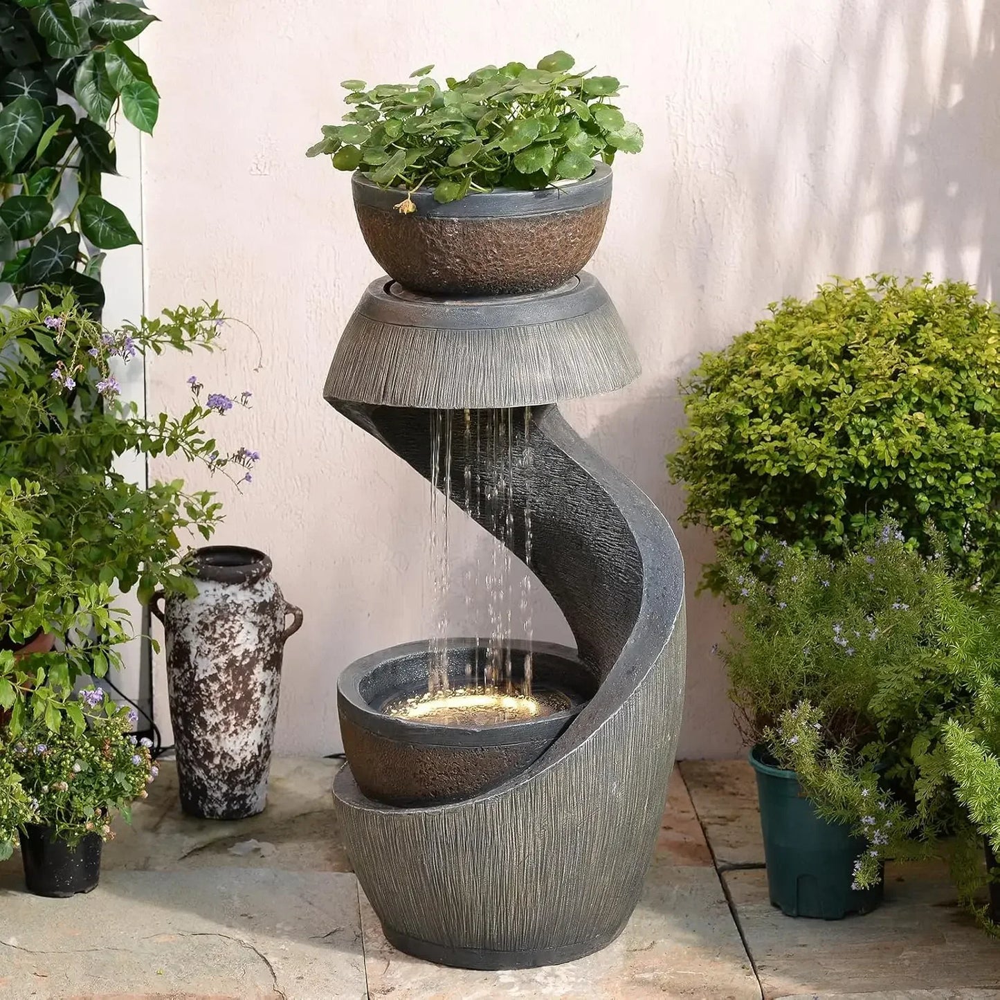 S Shaped Outdoor Water Fountain With Led Lights Planter