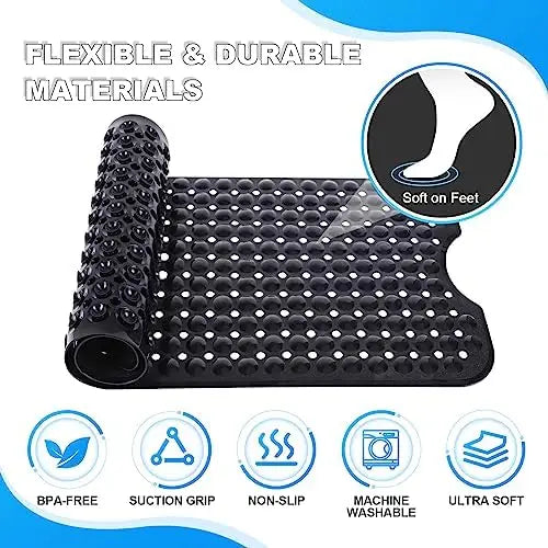 Extra Long Non Slip Bathtub Shower Mat 40 x 16 Inch with Powerful Suction Cups & Drain Holes, Machine Washable Quick Dry Anti-Slip Bath Tub Mat for Inside Shower, Household Bathroom Essential, Available in Gray & Black