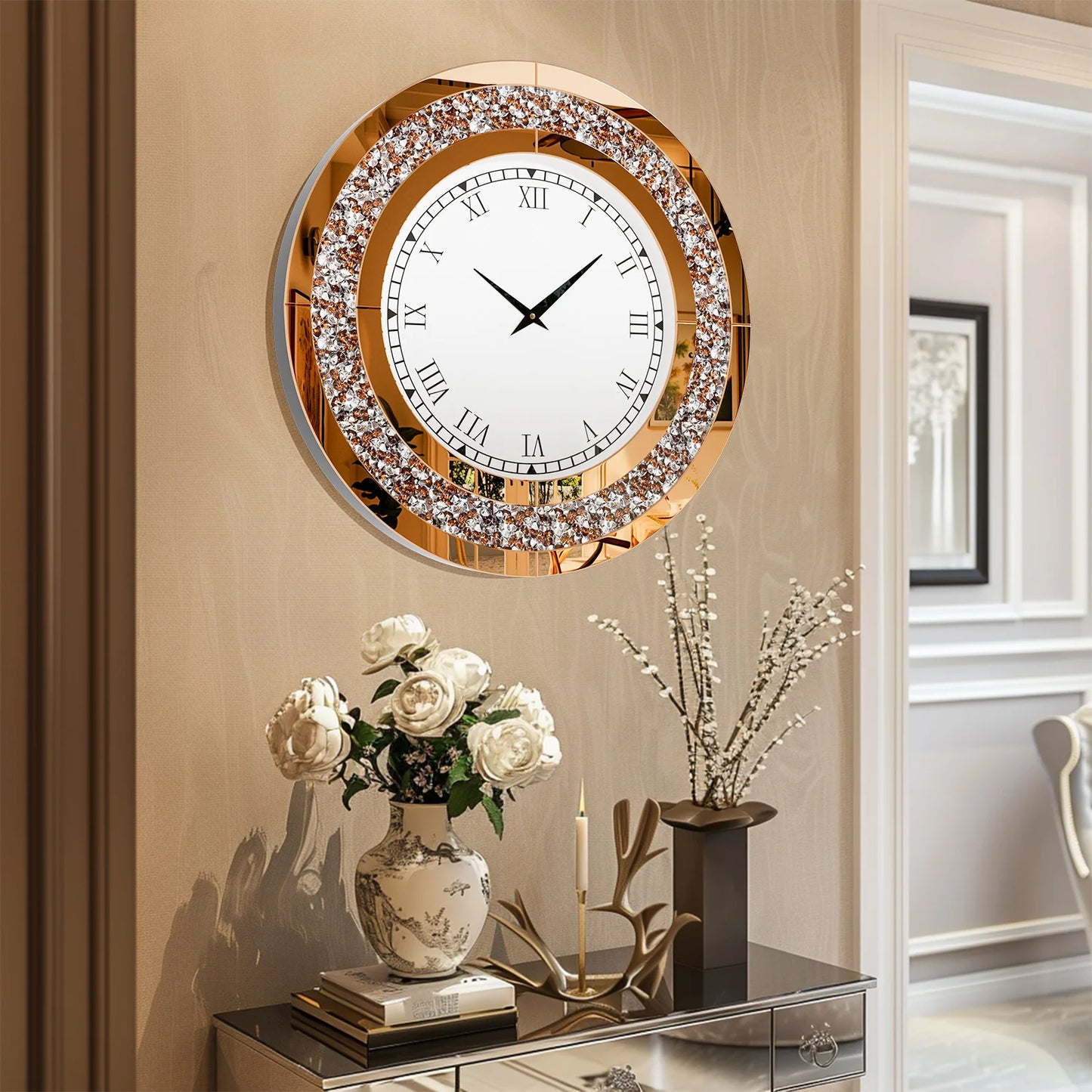 Round Mirror Wall Clock With Crystal Embellishments