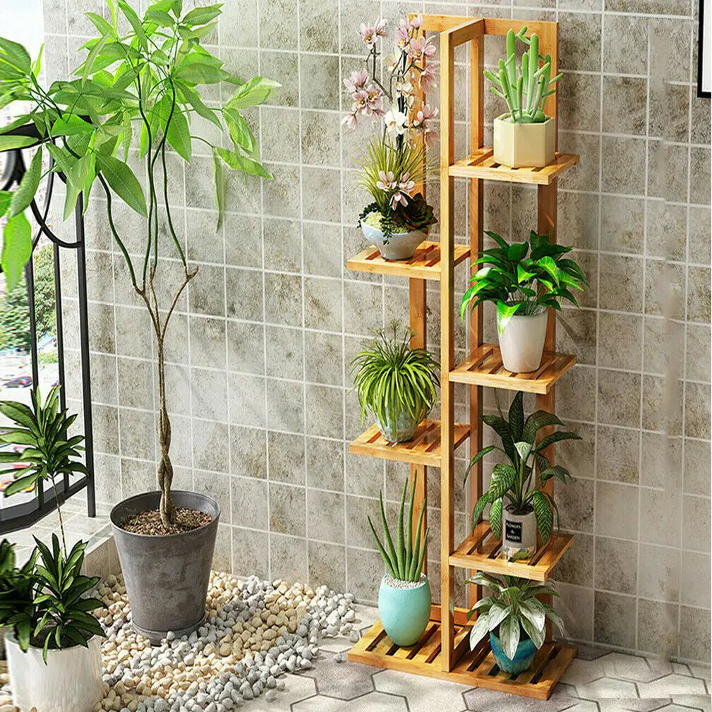 Six Tier Bamboo Plant Stand for Indoor and Outdoor Display