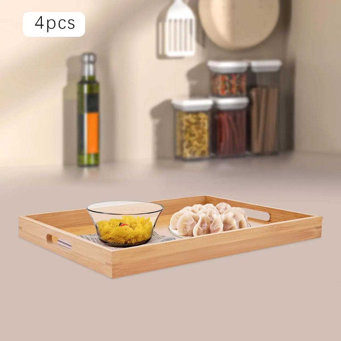 4 Pcs Large Bamboo Serving Tray Rectangular Wooden Breakfast Tray Dinner Tray Decorative for Lap & Couch 18 X 13 X 1.4in