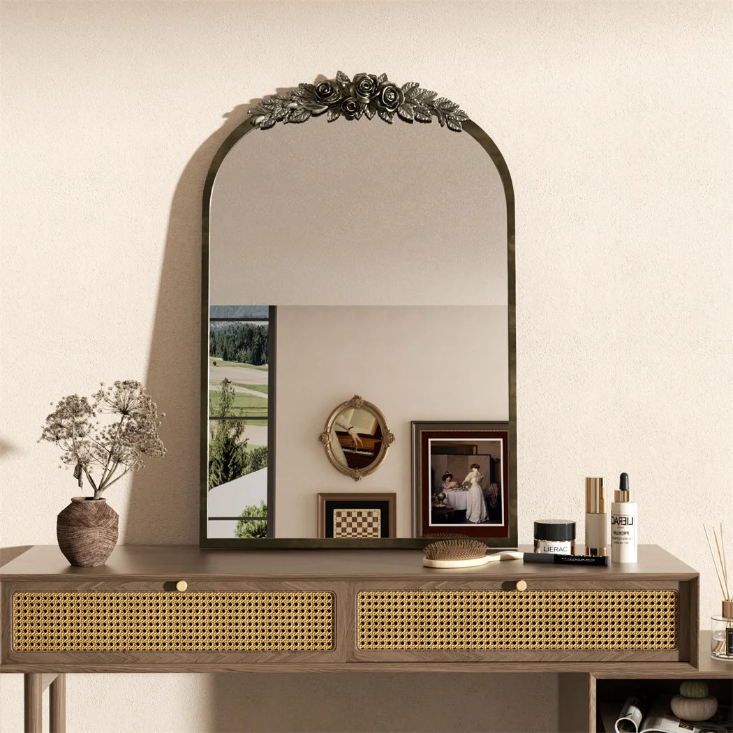 LUVODI Arched Wall Mirror With Resin Rose Pattern Accent