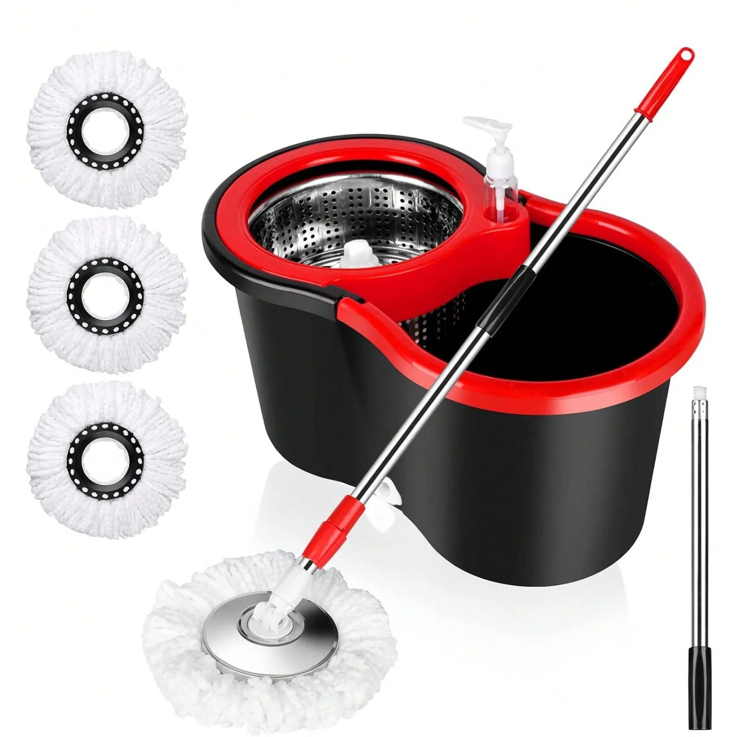 360° Spin Mop Bucket with Soap Dispenser and 2 Microfiber Heads, Stainless Steel Handle Floor Cleaning System for Home Use
