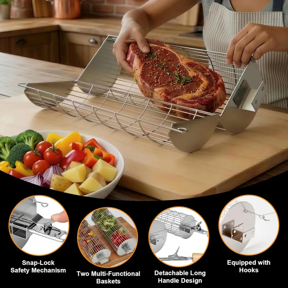 XIUWO Stainless Steel Rolling Grill Basket With Removable Handle