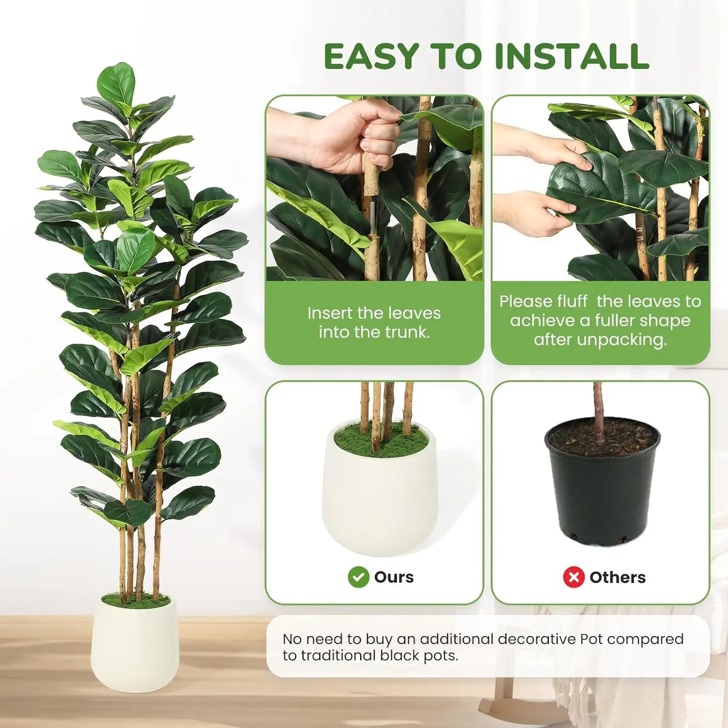 HiMISSCN Artificial Fiddle Leaf Fig Tree With Pot for Home