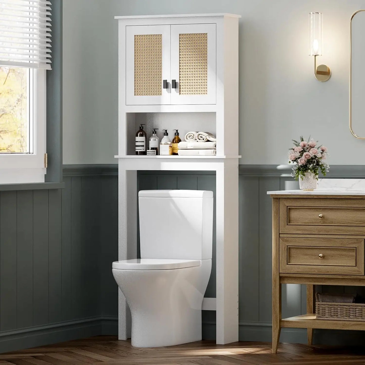 Farmhouse Over Toilet Storage Cabinet With Rattan Doors Adjustable Shelves