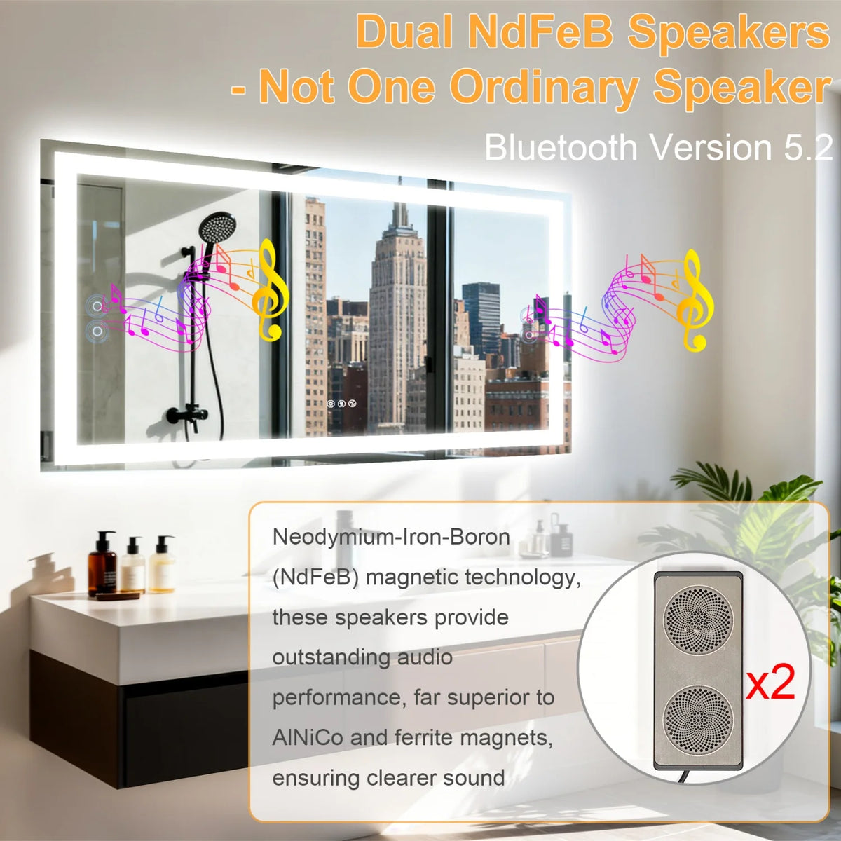 50/60/100/120cm LED Bathroom Mirror Built-in Bluetooth Speaker Anti-Fog Dimmable Backlit Lighted Vanity Makeup Waterproof