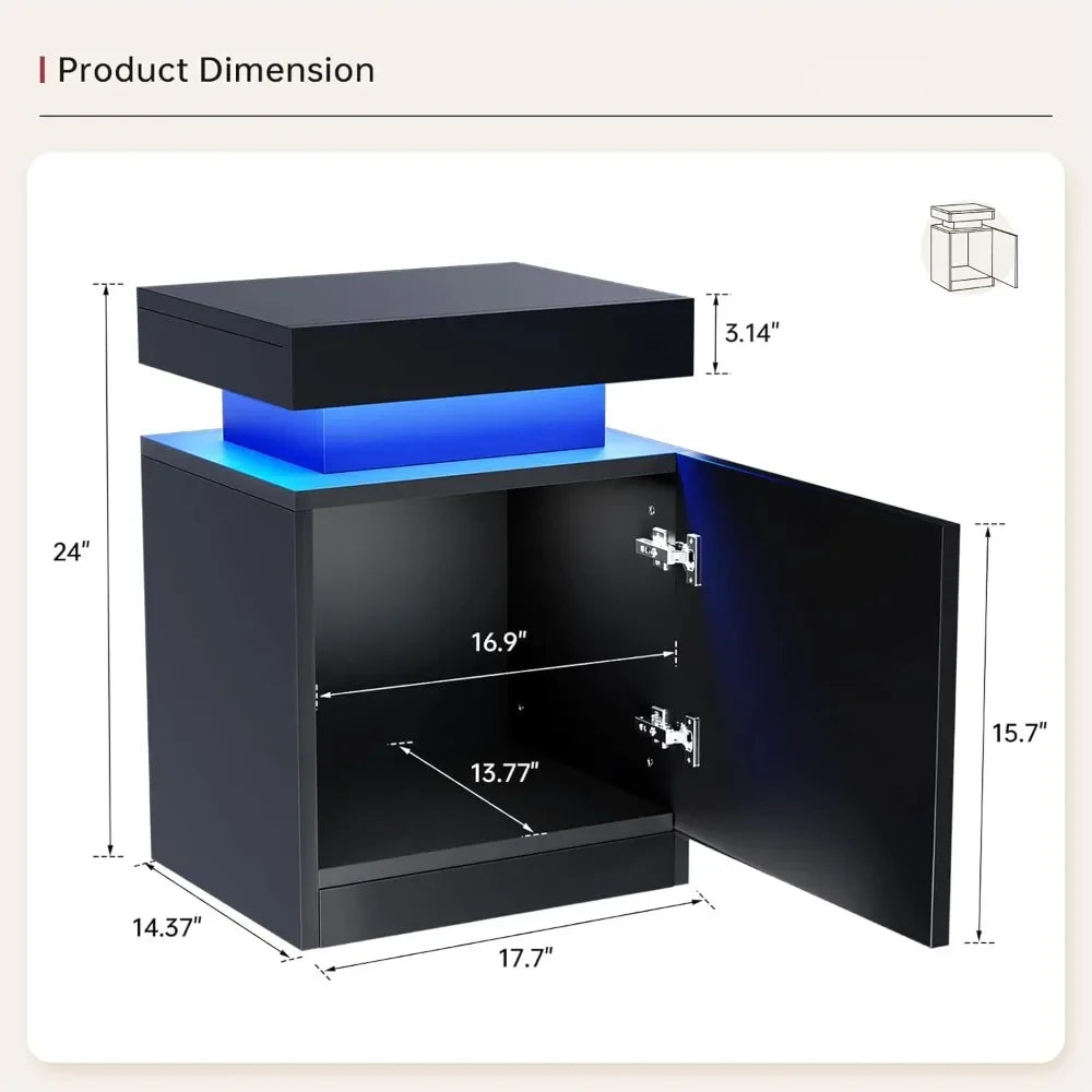 LED Nightstand Set of 2, 17 Inch Modern Bedside Table with Remote Control, High Gloss Storage Cabinet for Bedroom, Black