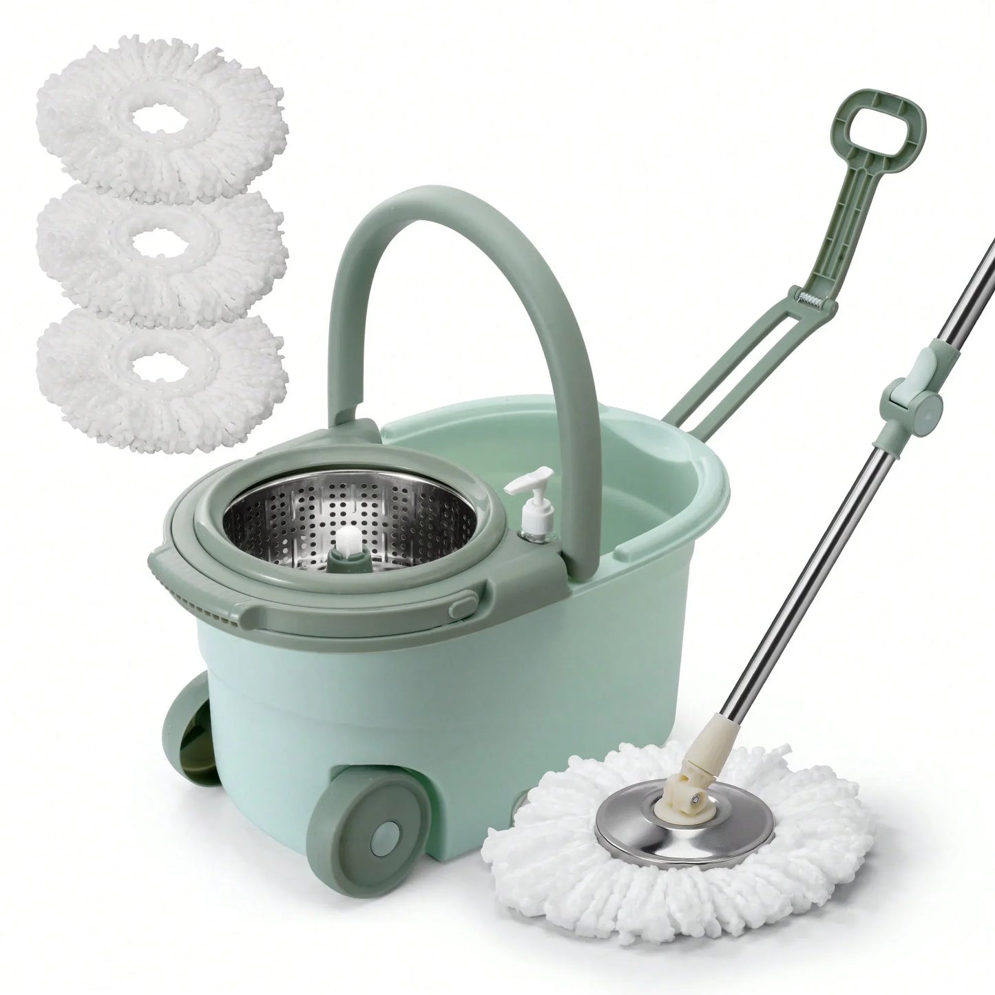 360° Spin Mop Bucket with Soap Dispenser and 2 Microfiber Heads, Stainless Steel Handle Floor Cleaning System for Home Use