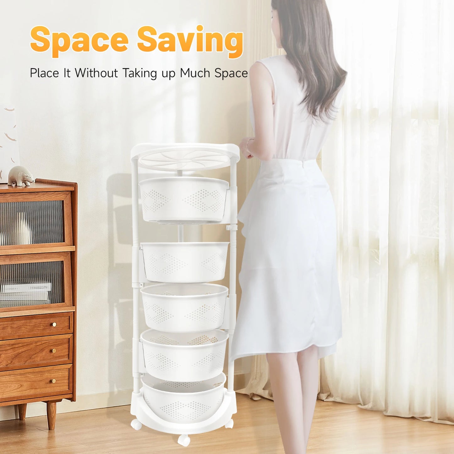 5-Tier Rotating Storage Rack Bearing 110.23lbs PP Shelf Perforated Basket Organizer with Caster for Kitchen Bathroom Living Room