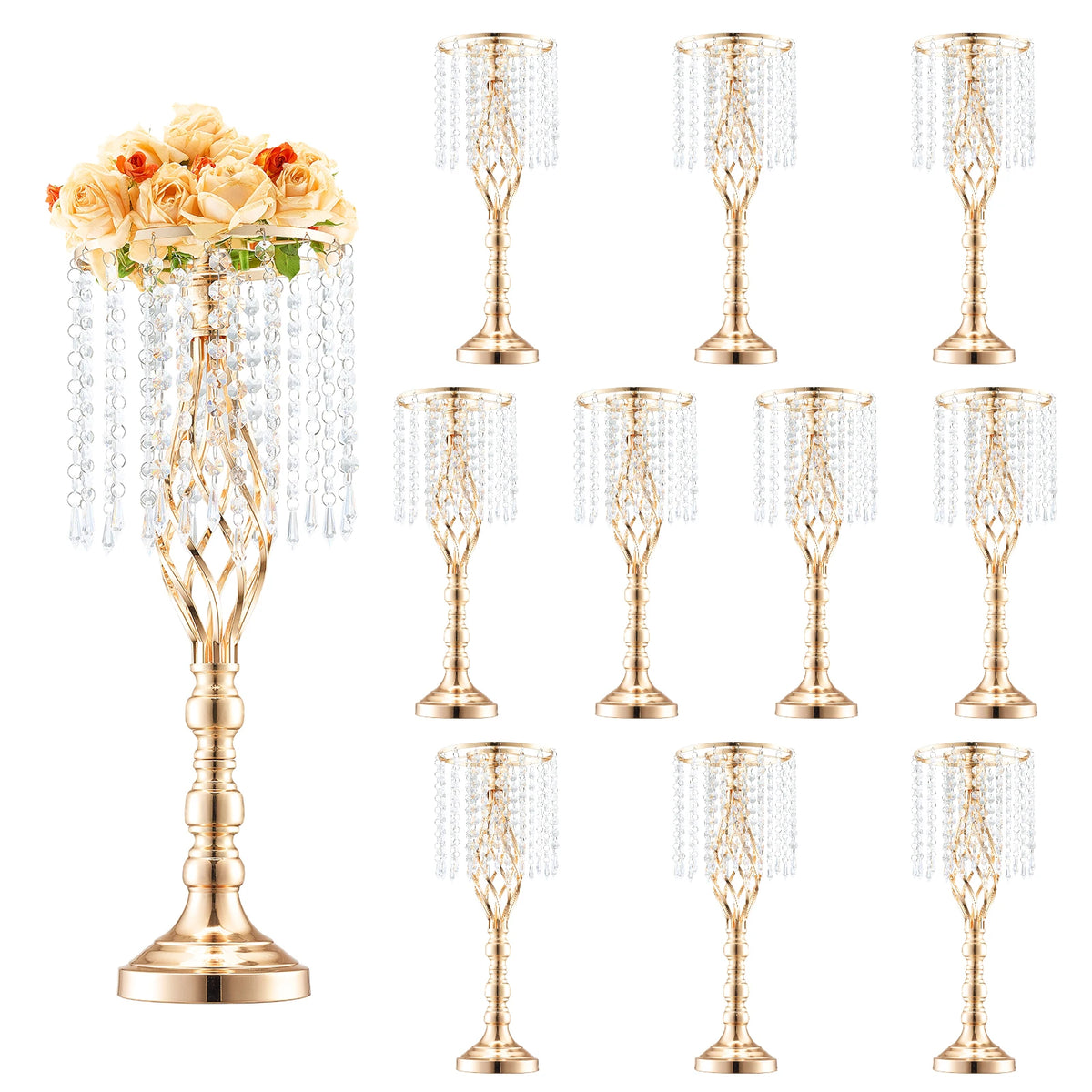 SucceBuy Tall Crystal Wedding Flower Stand Metal Wedding Centerpiece Vase Gold Flower Holders Floral Display Rack for Wedding