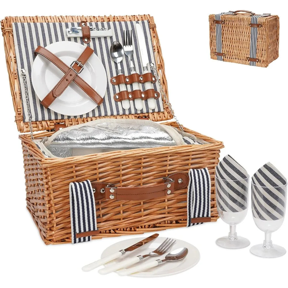 NBVCX Handmade Wicker Picnic Basket for Two with Insulated Cooler