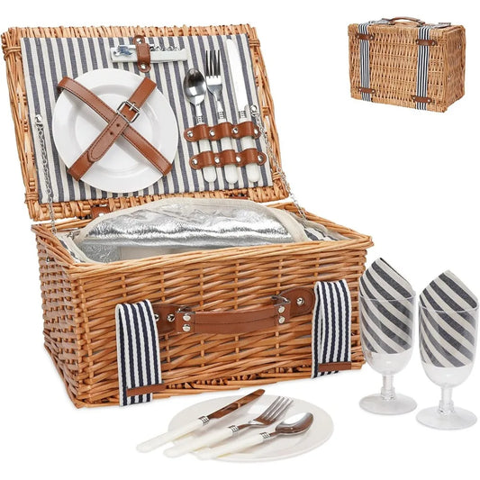 NBVCX Handmade Wicker Picnic Basket for Two with Insulated Cooler