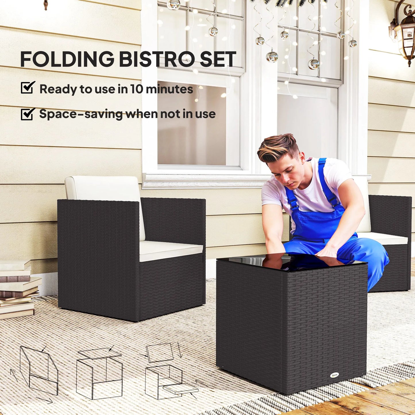 3 Piece Patio Furniture Set, Folding Wicker Bistro Set, Brown
